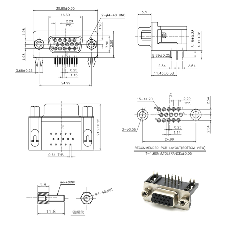 High DB Connector 15P D-SUB VGA Female Connector Right Angle